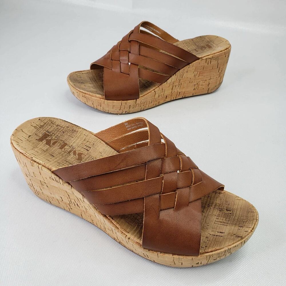 Korks Wedges Stitched Brown Leather Slip-On Cork Slide Sandal Women's Size 8